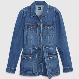 NWT Gap Puff Sleeve Denim Jacket Small Tall Medium Wash Belt